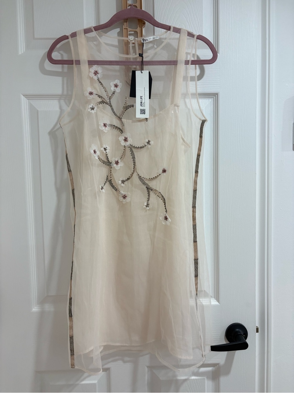 Zara Embroidered Tulle Mesh Mini Dress Ivory NWT